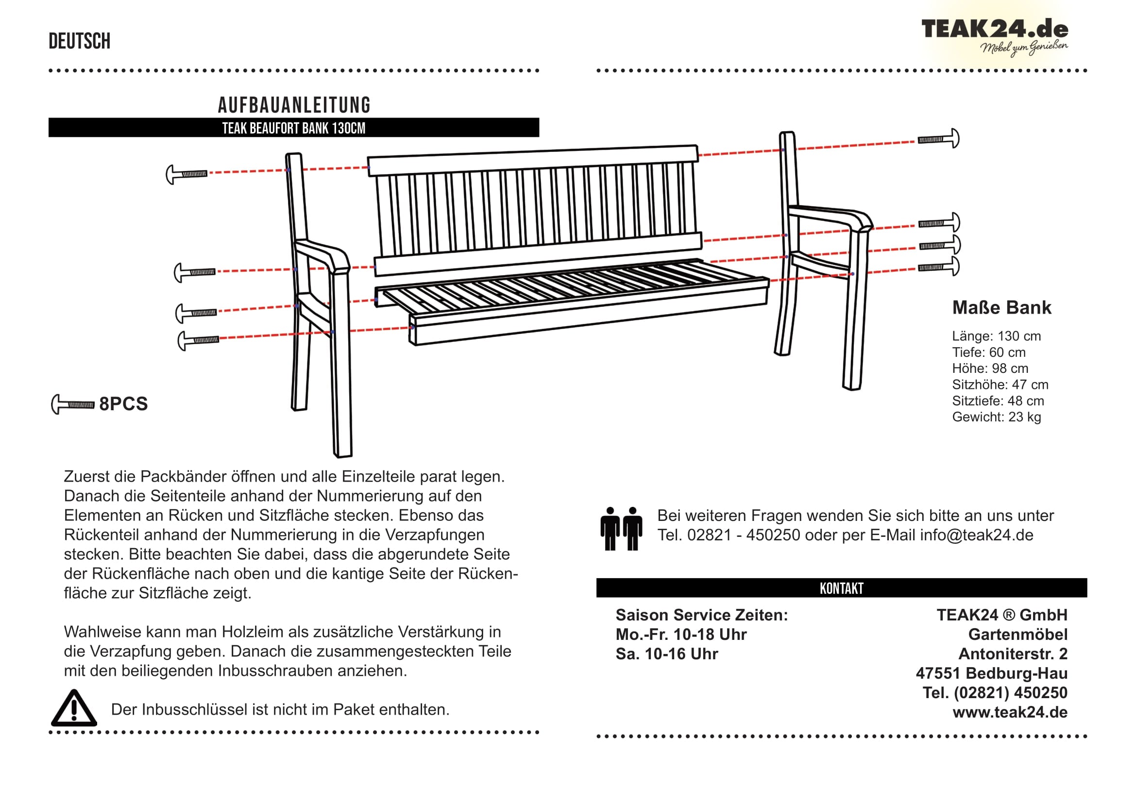 Teak Gartenbank Beaufort, verschraubt, 130 cm, Selbstmontage