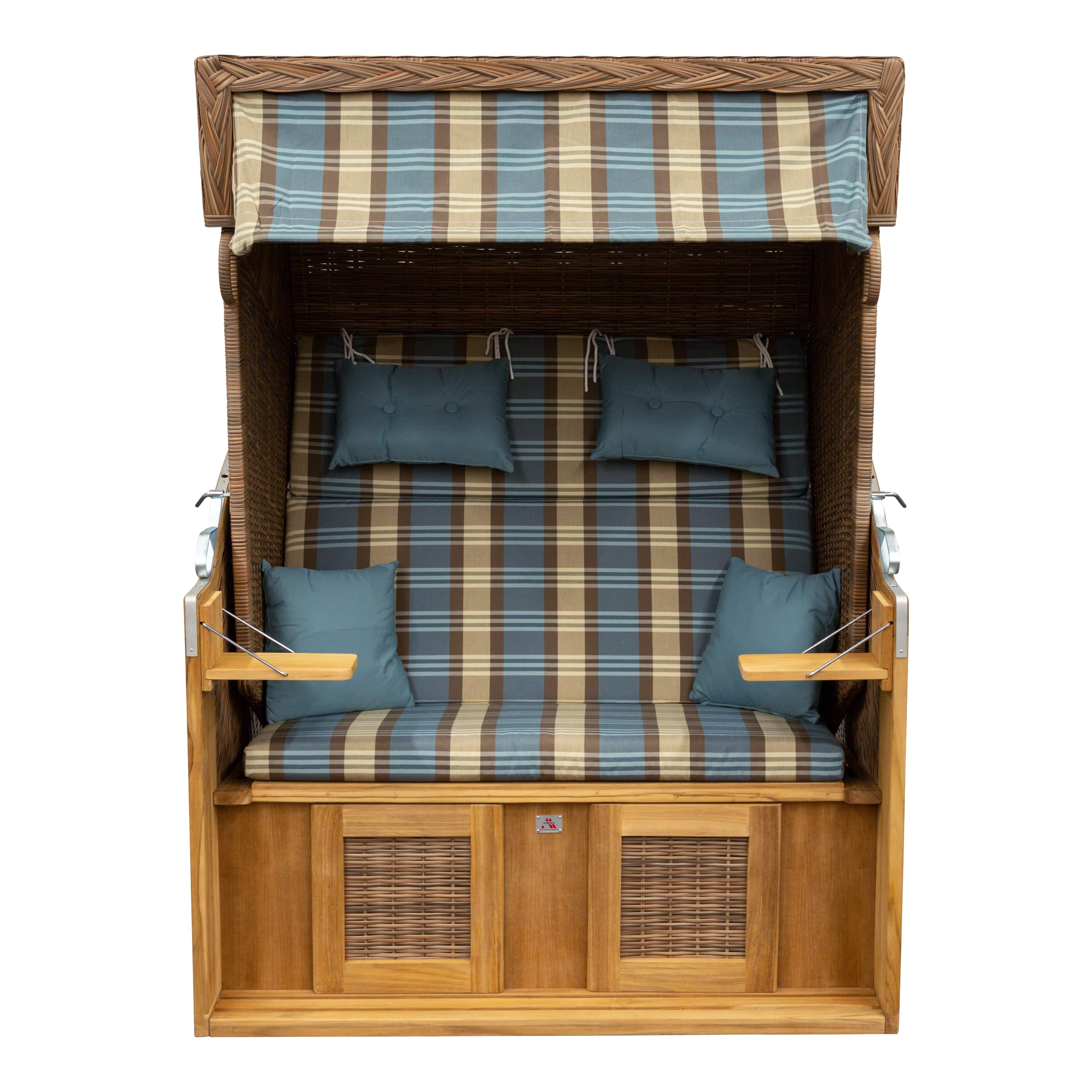Teak Strandkorb Classic- türkis-beige-braun kariert