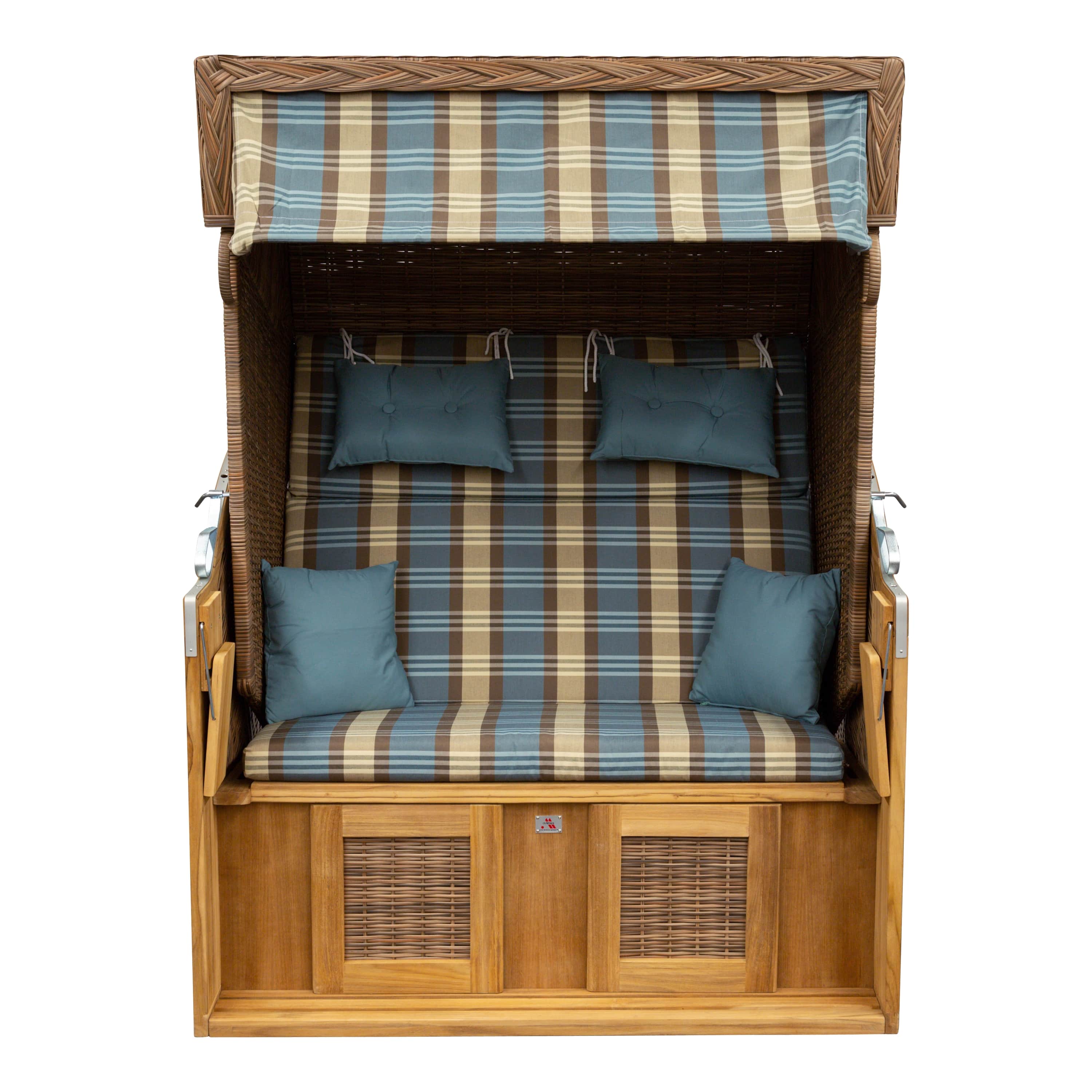 Teak Strandkorb Classic- türkis-beige-braun kariert