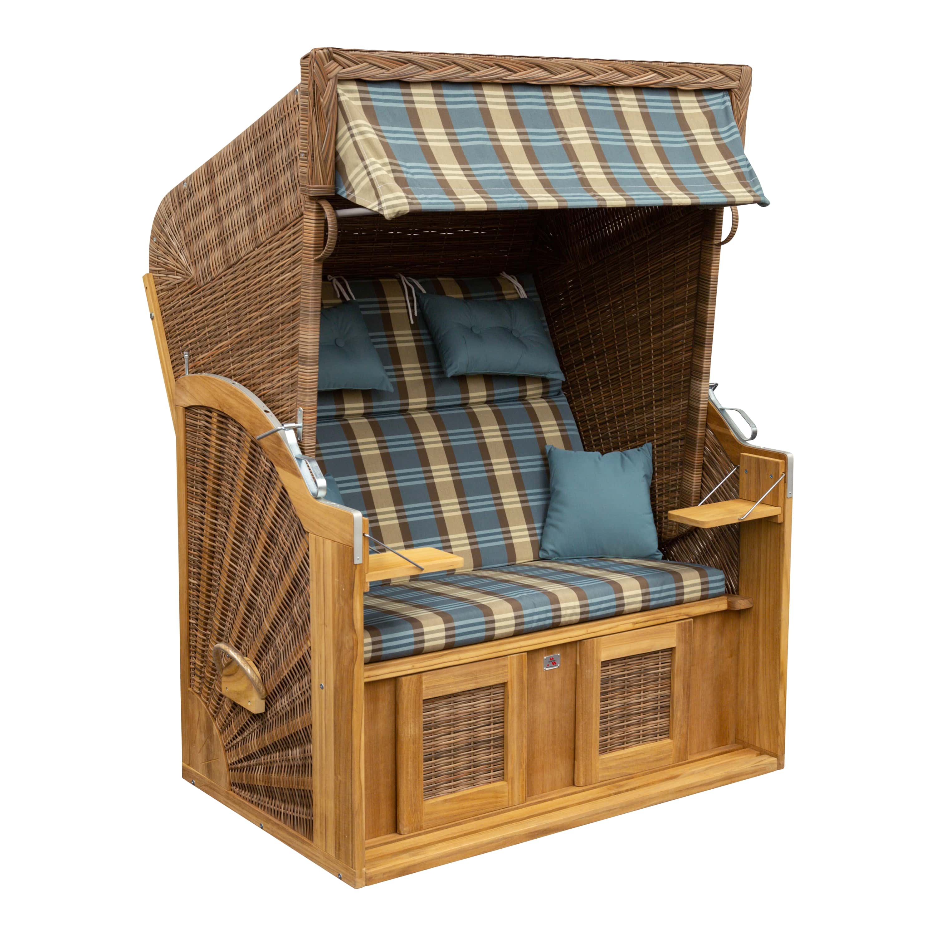 Teak Strandkorb Classic- türkis-beige-braun kariert