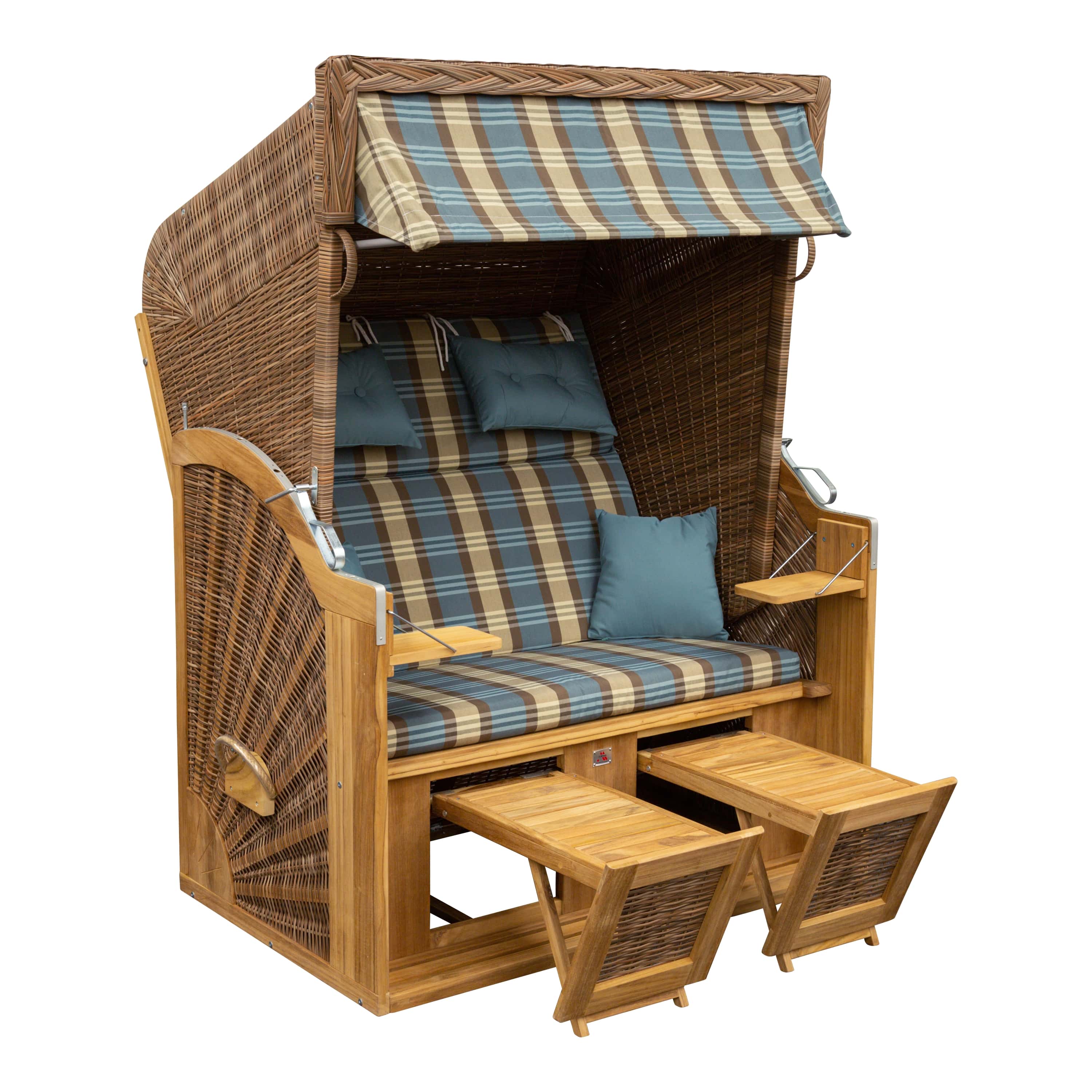 Teak Strandkorb Classic- türkis-beige-braun kariert