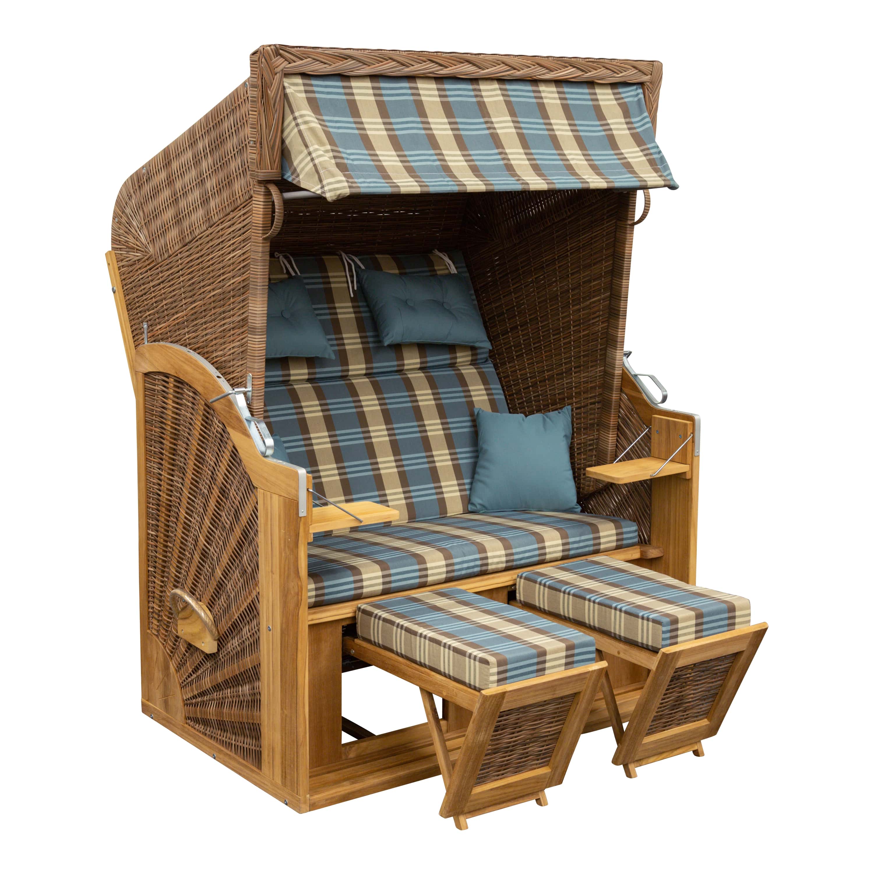 Teak Strandkorb Classic- türkis-beige-braun kariert