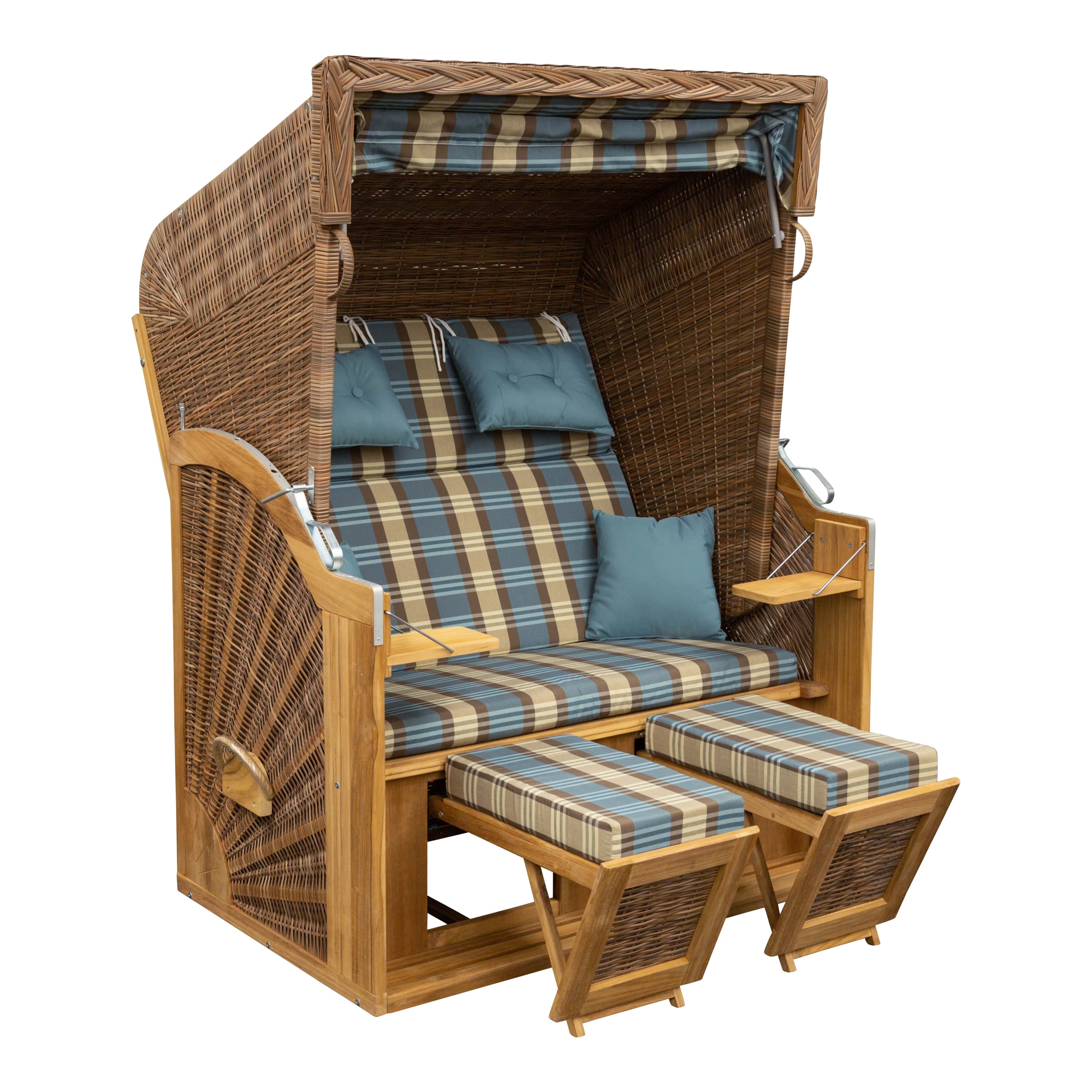 Teak Strandkorb Classic- türkis-beige-braun kariert