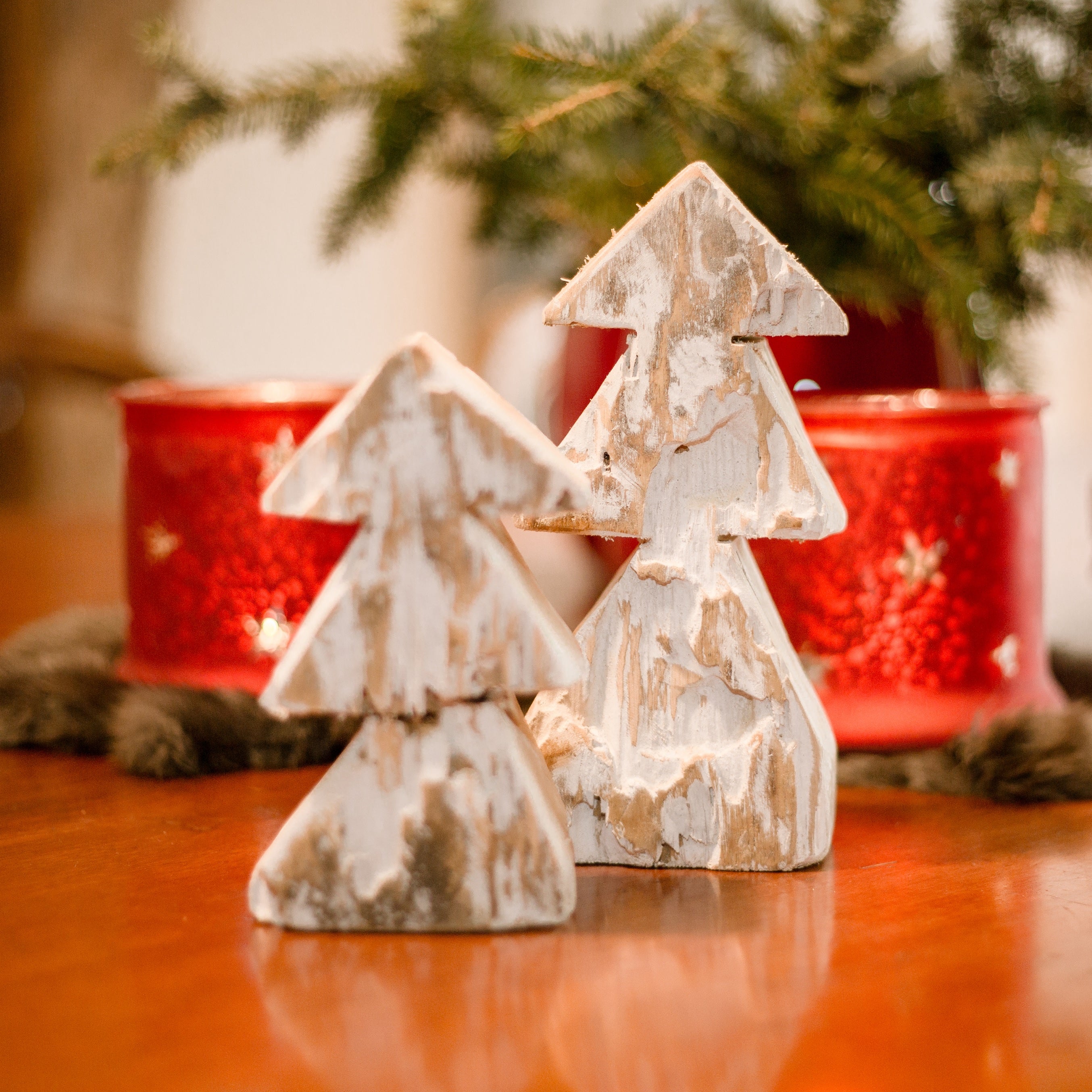 Tannenbaum 2er Set aus Wurzelholz, weiß gewischt